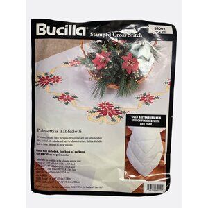 Stamped Cross Stitch Poinsettias Tablecloth 52" X 70" Gold Battenburg By Bucilla
